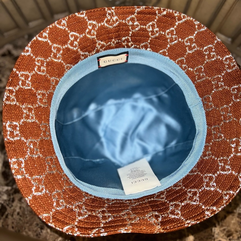 Gucci Canvas Lame GG Monogram Bucket Hat S Burnt Orange Silver - Picture 6 of 7